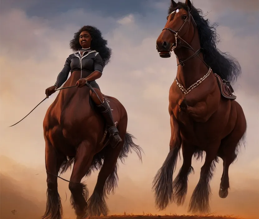 Image similar to full body portrait of beautiful black woman on horseback, striding clydesdale, cinematic, highly detailed, digital painting, artstation, concept art, smooth, sharp focus, illustration, face by wlop, illustrated by mars ravelo and greg rutkowski