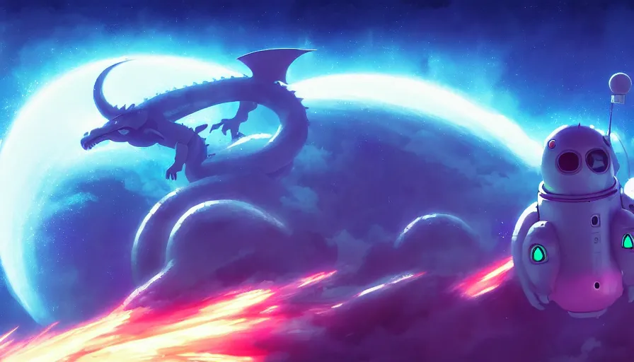 Image similar to a still of a cute kawaii astronaut android riding a large neon kaiju dragon, nebulous background of dynamic space, a dramatic composition by wlop and greg rutkowski and makoto shinkai and studio ghibli and kyoto animation, highly detailed, digital painting, matte