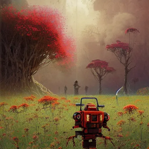 Image similar to a hyperdetailed national geographic photo of an abandoned apocalyptic robot partially covered in overgrown wildflowers by jakub rozalski by moebius by rhads by roger dean by paul lehr