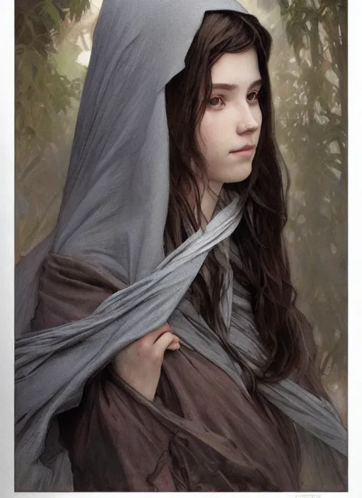 Prompt: a portrait of a 16 year old girl with pale skin and short dark hair wearing a cloak made of strips of grey fabric, By Artgerm and Greg Rutkowski and Alphonse Mucha