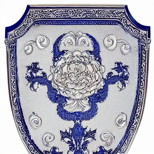 Prompt: A Shield: Clear white texture with artistically executed decorations of peonies foliated scrolls dragons and medallions in white reserve on an opaque mazarine blue ground. Capped with metal