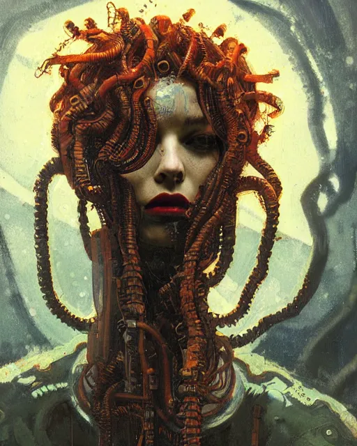 Image similar to portrait of a cyberpunk medusa by greg rutkowski in the style of egon schiele