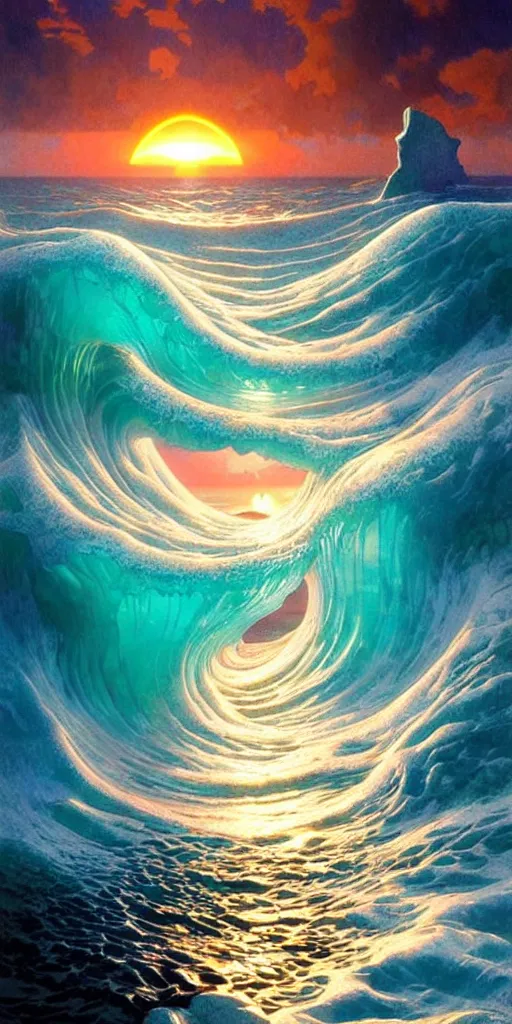 Image similar to ocean wave around ancient translucent iceberg, lsd water, dmt ripples, backlit, sunset, refracted lighting, art by collier, albert aublet, krenz cushart, artem demura, alphonse mucha