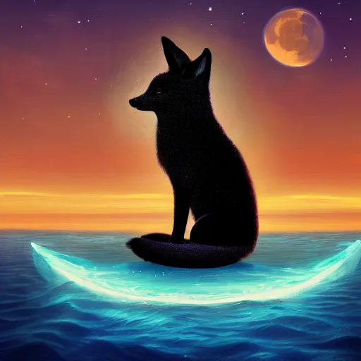 Image similar to close shot of human with fox ears standing in the middle of the ocean, digital art, acrylic, detailed, glows, moonlight,