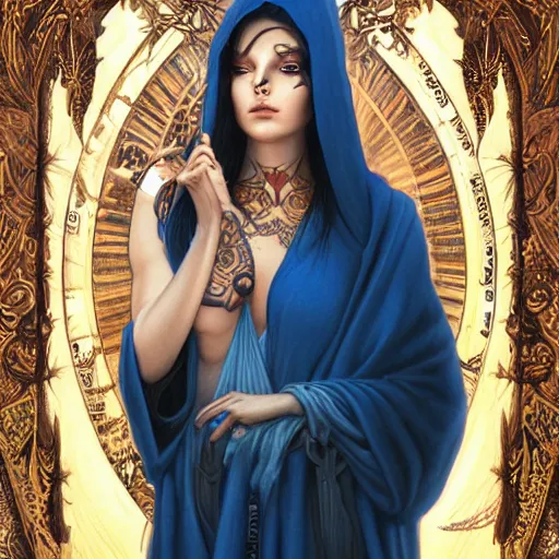 Image similar to portrait painting of a beautiful moon goddess, wearing a dark hooded robe, sacred tattoos on her face, smirking, holding a giant astral scyther, ultra realistic, concept art, intricate details, mystical, highly detailed, photorealistic, octane render, 8 k, unreal engine. art by artgerm and greg rutkowski and alphonse mucha