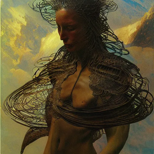 Image similar to space nomad by zdzisław beksinski, iris van herpen, raymond swanland, craig mullins and alphonse mucha. highly detailed, hyper - real, beautiful