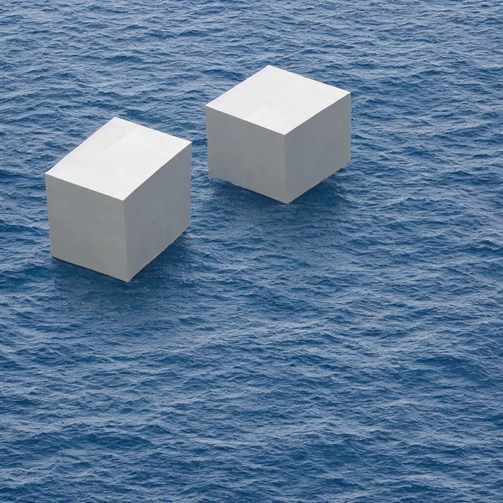 Image similar to a cube in the middle of the sea in the style of richard serra