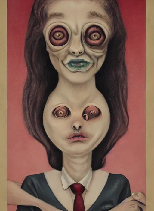 Image similar to surreal portrait of a creature with the body of a 1950's school-girl and whose head is a tarantula, inspired by Mark Ryden and Marion Peck, hints of Cronenberg