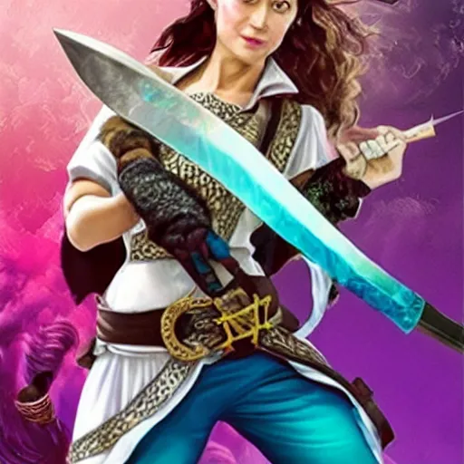 Image similar to a swashbuckling pirate with iridescent!!!! skin!!!!!, she is holding melee weapons