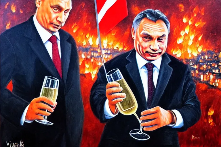 Image similar to viktor orban drinking champagne with putin in front a burning city, highly detailed eyes, oil painting