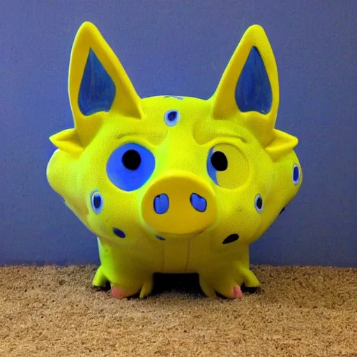 Prompt: pig, half yellow, half blue, with a demon eyes, rabbit ears, fish skin, highly detailed