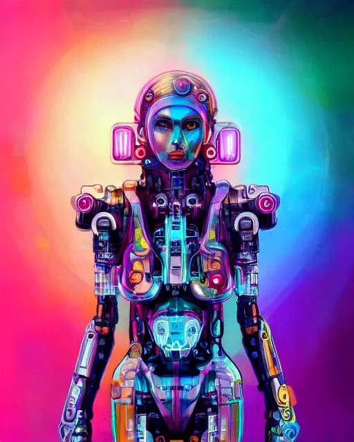 Image similar to colorful full body portrait of a cybernetic hippie, set in the future 2 1 5 0 | highly detailed | very intricate | symmetrical | professional model | cinematic lighting | award - winning | painted by mandy jurgens and ross tran | pan futurism, dystopian, bold psychedelic colors, cyberpunk, groovy vibe, anime aesthestic | featured on artstation