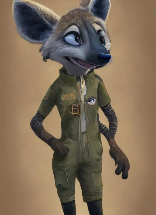 Image similar to oil painting detailed full body of anthromorphic female hyena, in style of zootopia, zootopia, zootopia, fursona, furry, furaffinity, 4 k, deviantart, furry art, fursona art, wearing astronaut outfit, in style of zootopia, hyena fursona, cyberpunk, female, detailed feminine face,