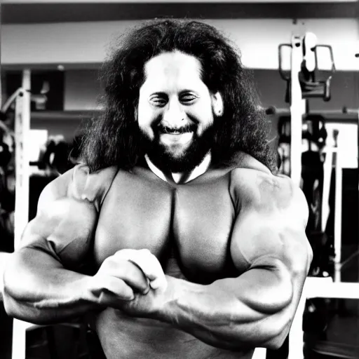 Image similar to photograph of richard stallman as a professional bodybuilder, happy facial expression, black and white photograph, 3 5 mm