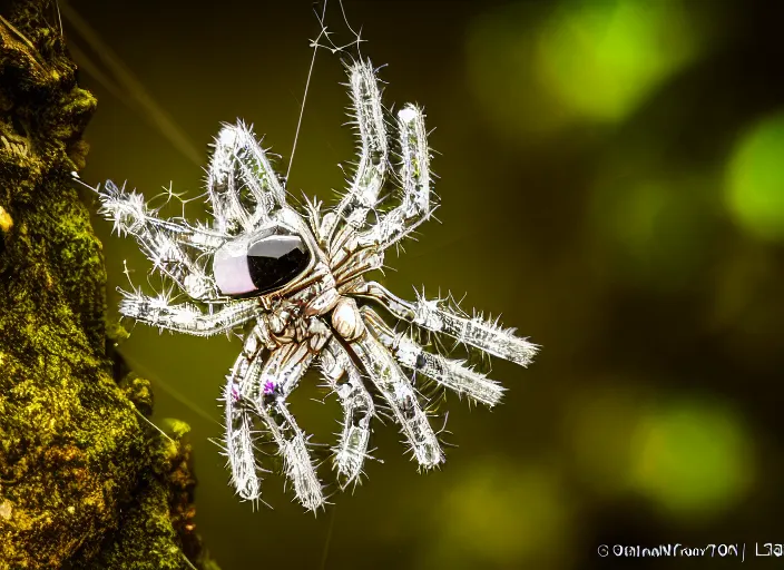 Prompt: photo of a crystal of a crystal mechanical spider in the forest. Fantasy magic style. Highly detailed 8k. Intricate. Nikon d850 55mm. Award winning photography.