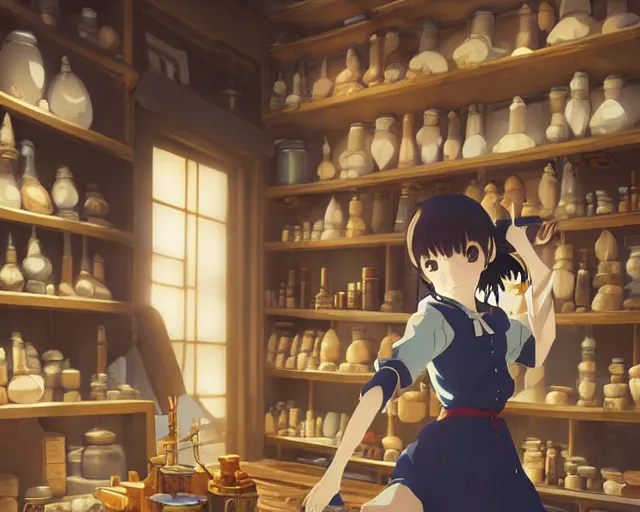 Image similar to anime visual, portrait of a young female traveler in a alchemist's shop interior, cute face by yoh yoshinari, katsura masakazu, studio lighting, dynamic pose, dynamic perspective, strong silhouette, anime cels, ilya kuvshinov, cel shaded, crisp and sharp, rounded eyes, moody