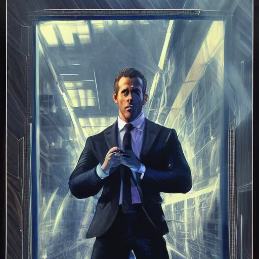 Image similar to ryan reynolds as a black and blue suit spider - man, cinematic, volumetric lighting, f 8 aperture, cinematic eastman 5 3 8 4 film, photorealistic by greg rutkowski, by stanley artgerm, by alphonse mucha