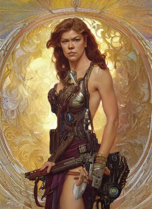 Image similar to Adrianne Palicki as a beautiful young woman holding a pistol, fantasy, intricate, elegant, highly detailed, centered, digital painting, artstation, concept art, smooth, sharp focus, illustration, art by artgerm and donato giancola and alphonse mucha