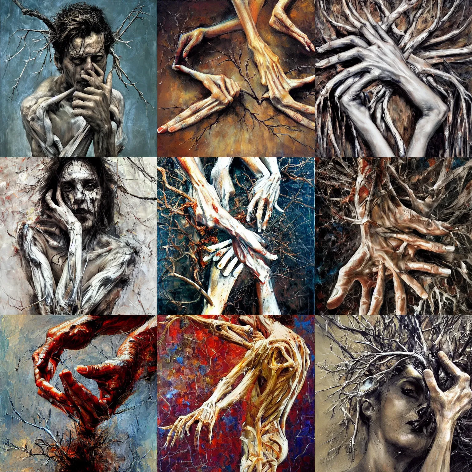 Prompt: powerful gestures, bones, fingers, branches composition abstract, magical, realism, textural, by seveso, asencio, baars