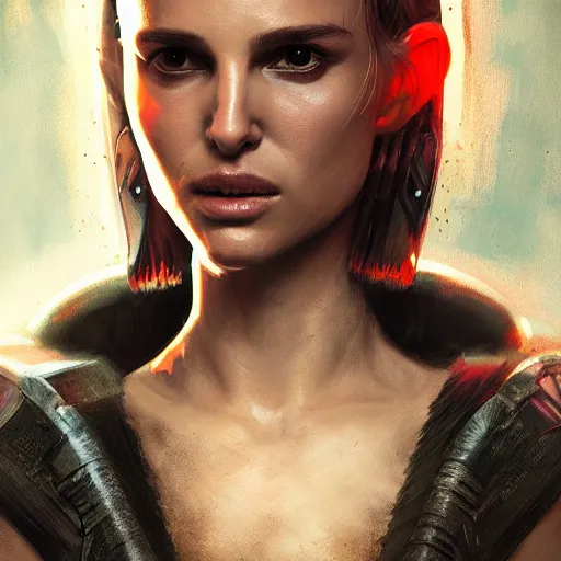 Prompt: natalie portman portrait, dystopia core, apocalyptic, armor, warrior, dramatic, sharp focus, fiction, neon, fantasy, hyper detailed, digital art, trending in artstation, cinematic lighting, studio quality, smooth render, unreal engine 5 rendered, octane rendered, art style and nixeu and wlop and krenz cushart