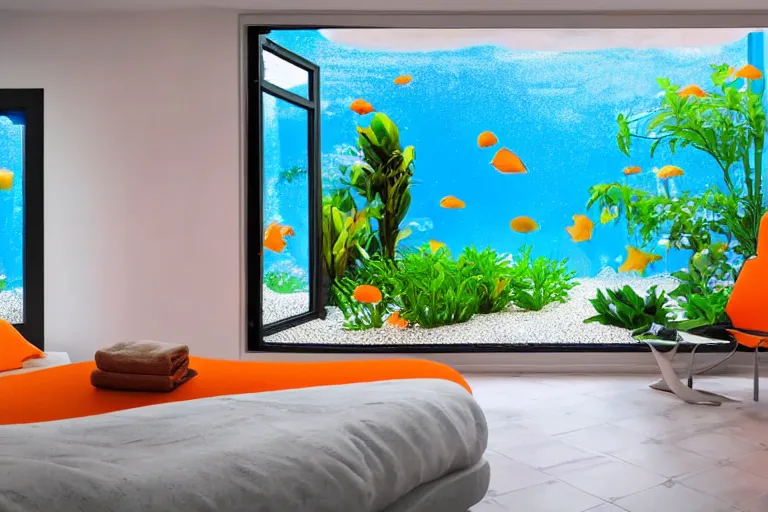 Image similar to a room of a villa with orange walls white floor plants, colorful aquarium, a big window with a view of the beach and sea, beautiful cinematic masterpiece very detailed