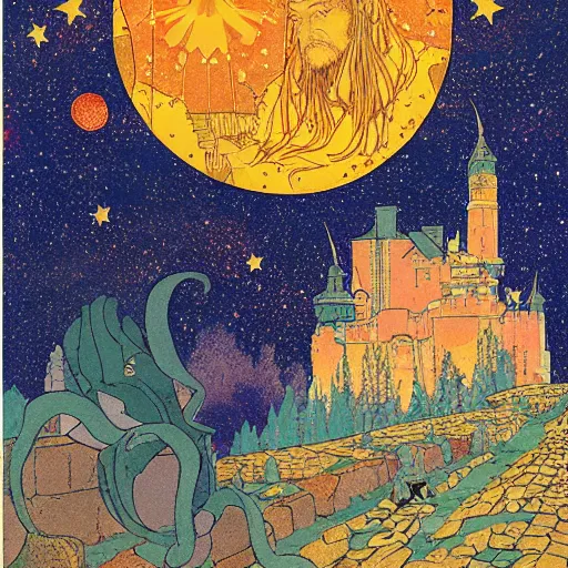 Image similar to stone castle, starry sky detailed ivan bilibin and edmund dulac and ilya kuvshinov and katsuhiro otomo inspired print