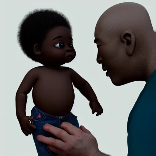 Image similar to black baby held by shocked asian man who cannot believe his eyes, award winning art, pixar, 3 d render, unreal engine