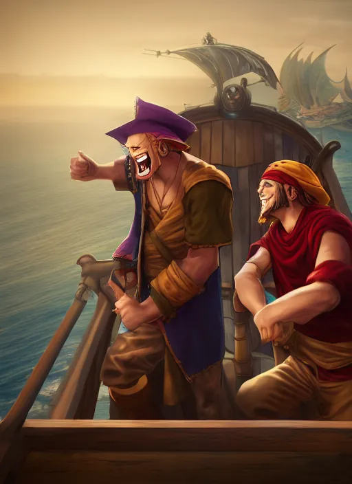 Image similar to an epic fantasy comic book style portrait painting of two bumbling idiot onepiece on the deck of a skyship looking at a chest, unreal 5, daz, hyperrealistic, octane render, cosplay, rpg portrait, dynamic lighting, very detailed faces