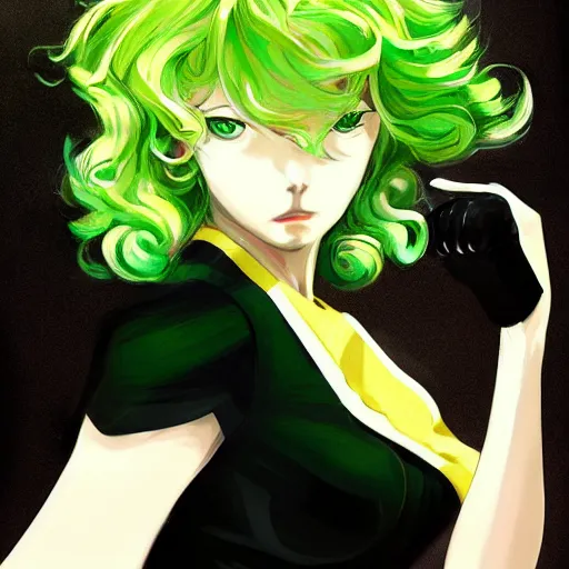 Image similar to painting of tatsumaki from one punch man, green wavy hair, black dress, cool color palette, refreshing, soft lighting, fine details, digital painting, pretty face, light and shadow effects, dynamic pose, by cushart krenz, by makoto shinkai