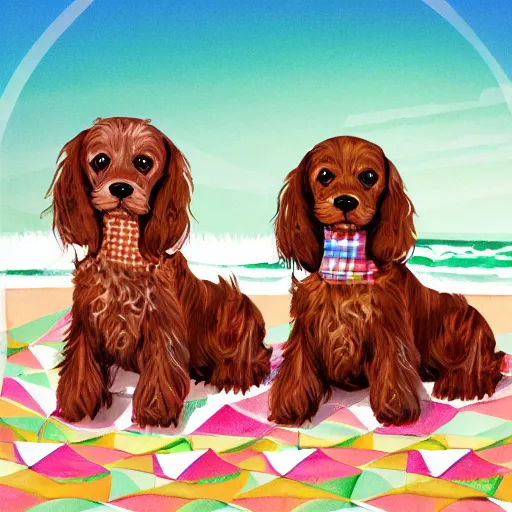 Prompt: two cute brown spaniel a by the seaside, parasols, bright towels, geometric, pop, deco, sketch, artwork