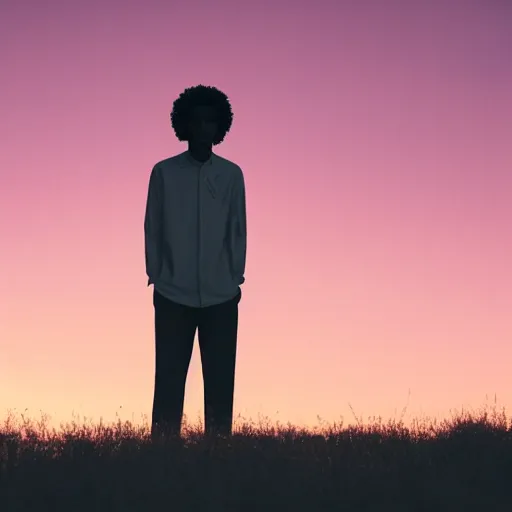 Image similar to dark skin man with curly hair, in the style of an anime film, standing alone in nature, sunset, backlit, contemplative, dreamy, pastel colors, youthful, fairylike