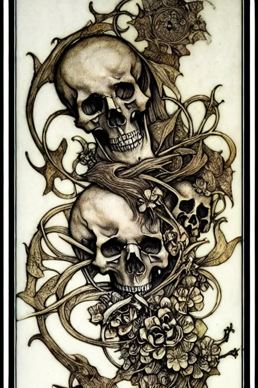 Prompt: memento mori by arthur rackham, detailed, art nouveau, gothic, intricately carved antique bone, skulls, botanicals