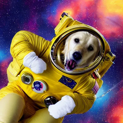 Prompt: realistic photograph of a golden retriever in a space suit doing a space walk, cheerful colors, vibrant