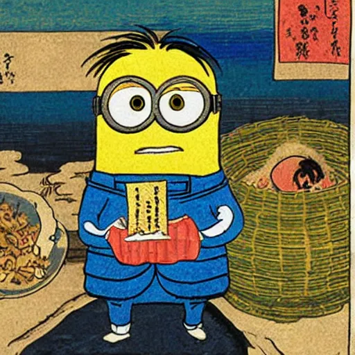 Image similar to minions eating large pieces of matzah, colorful background, in the style of Utagawa Hiroshige