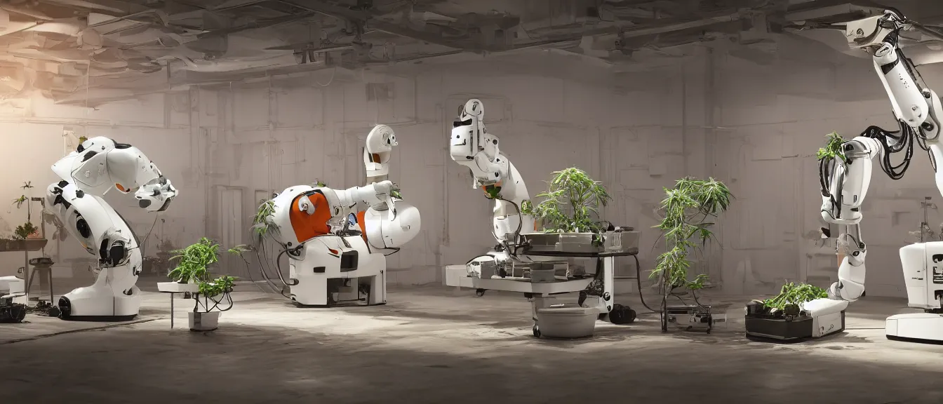 Image similar to three large white glossy kuka industrial robot harvesting a cannabis micro growery inside a fancy living room with retro modern furniture and decor, global illumination, artstation, fantasy, volumetric light