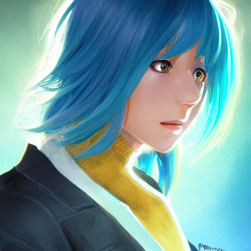 Image similar to profile shot of rimuru tempest looking forward, sky blue hair, straight hair, pretty, long bangs, gold eyes, black jacket with white stripes and a high collar, highly detailed, unreal engine 5, digital painting, glow, concept art, cinematic, wlop | artgerm, pixiv, ilya kuvshinov, greg rutkowski