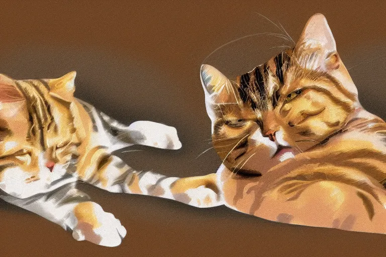 Image similar to A fat tabby cat laying on his back longways, back feet in foreground, head blurred in background, digital art