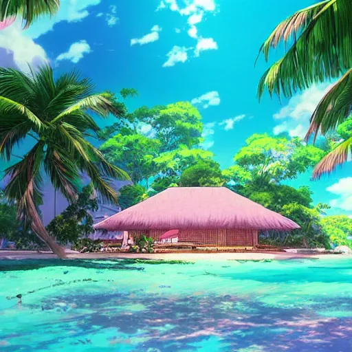 Prompt: a beautiful render of a dreamy tropical anime island paradise by makoto shinkai, pink accents, soft details, graphic art