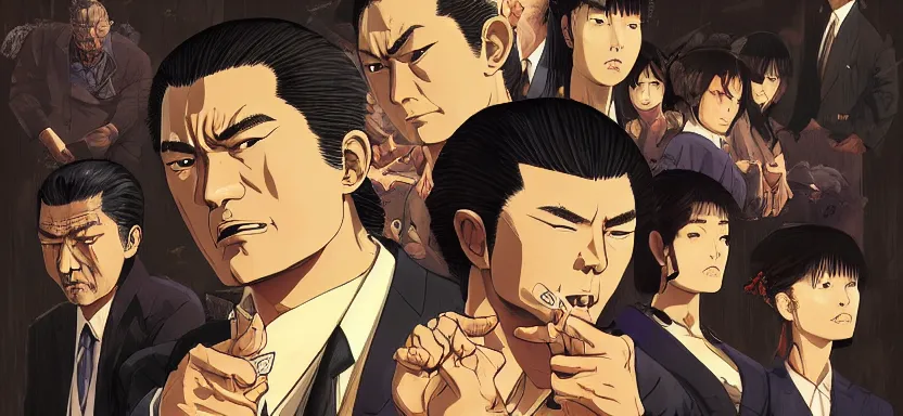 Image similar to a yakuza gang prepares for war, digital painting masterpiece, by ilya kuvshinov, by frank frazetta, by mœbius, by reiq, by hayao miyazaki, intricate detail, beautiful brush strokes, advanced lighting technology, 4 k wallpaper, interesting character design, stylized yet realistic anatomy and faces, inspired by kill bill animated scene