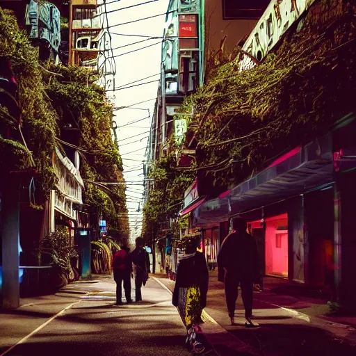 Prompt: overgrown, botanical, cyberpunk city street, neon light, dark, people walking