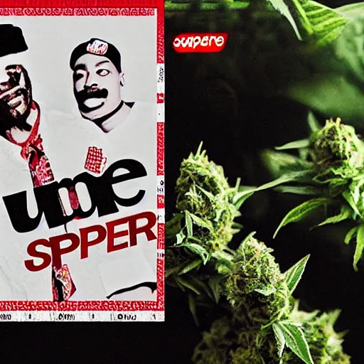 Prompt: weed nugs in bodega album cover art with supreme logo superimposed