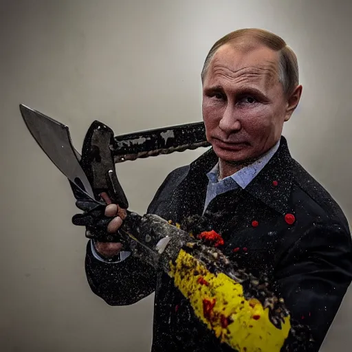Image similar to putin with a chainsaw and a corpse. in a concrete bunker. focus on face with blood splatters. canon eos r 3, f / 1. 4, iso 4 0 0, 1 / 1 6 0 s, 8 k, raw