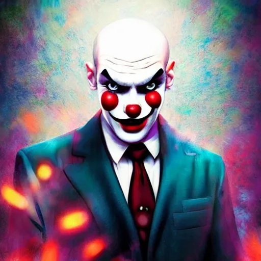 Image similar to portrait of agent 4 7 as a clown, colorful, circus background, cinematic, dramatic light, high detail, inside a messy room, masterpiece, art by jisu choe