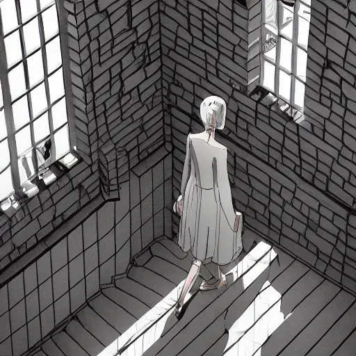 Image similar to a creepy woman walking through a bright white staircase with many doors and hallways, mc escher architecture, very detailed background, epic composition, anime key visual, anime style, by makoto shinkai