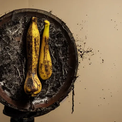 Image similar to studio 3 point lighting a withering black and moldy banana decays on a wooden pedestal, dark ooze of liquid seeps from the banana skin and stains, award winning