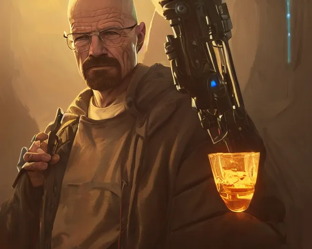 Image similar to walter white with cyberpunk implants, deep focus, d & d, fantasy, intricate, elegant, highly detailed, digital painting, artstation, concept art, matte, sharp focus, illustration, hearthstone, art by artgerm and greg rutkowski and alphonse mucha