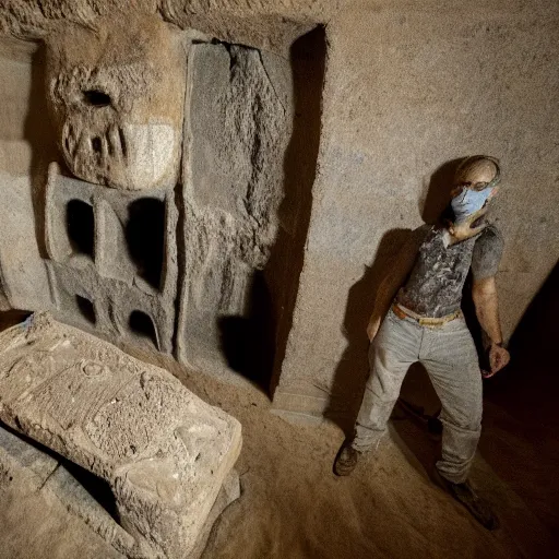 Image similar to an archeologist explores an ancient tomb that may be cursed, realistic