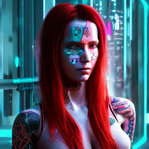 Image similar to Portrait of Robot Girl with long red hair and a tattoo in the style of the game CYBERPUNK 2077 , very beautiful Enga style, the girl is wrapped in color, photorealism