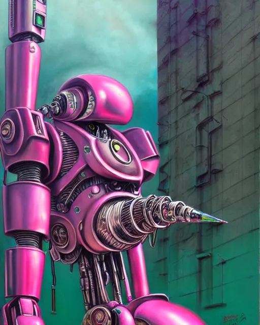 Image similar to hyperrealistic hyperdetailed graffiti mecha iridescent pink fighting aliens concept art santiago caruso de chirico sharp very dramatic green light 8k low angle shallow depth of field