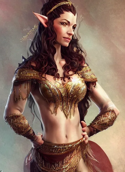 Image similar to a highly detailed illustration of Evangeline Lilly as an elegant elf arabian dancer, gracefully belly dancing pose, intricate, elegant, highly detailed, centered, digital painting, artstation, concept art, smooth, sharp focus, league of legends concept art, WLOP